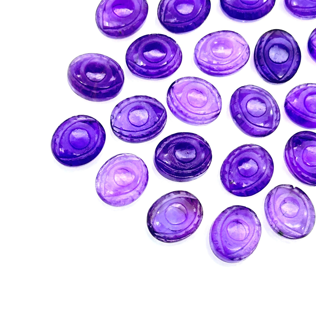 Natural Amethyst Evil Eye Beads, Hand Carved Gemstone Beads, Loose Oval Eye Beads, Evil Eye Charm Beads, Loose Carving Beads 10X12 MM