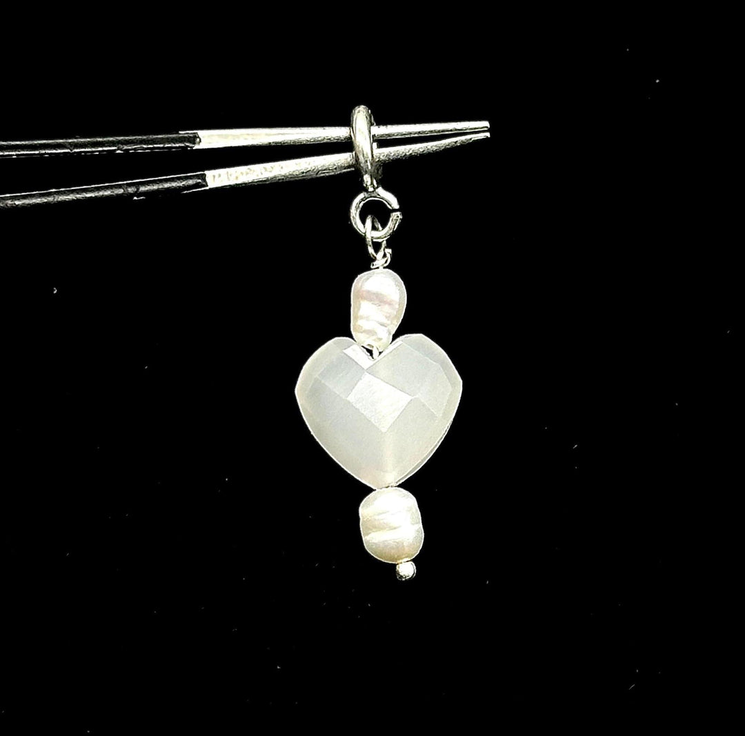 Natural White Moonstone and Pearl Charms, White Moonstone Heart Silver Charms, Gemstone Beads, Craft Making, 925 Silver Charms Wholesale