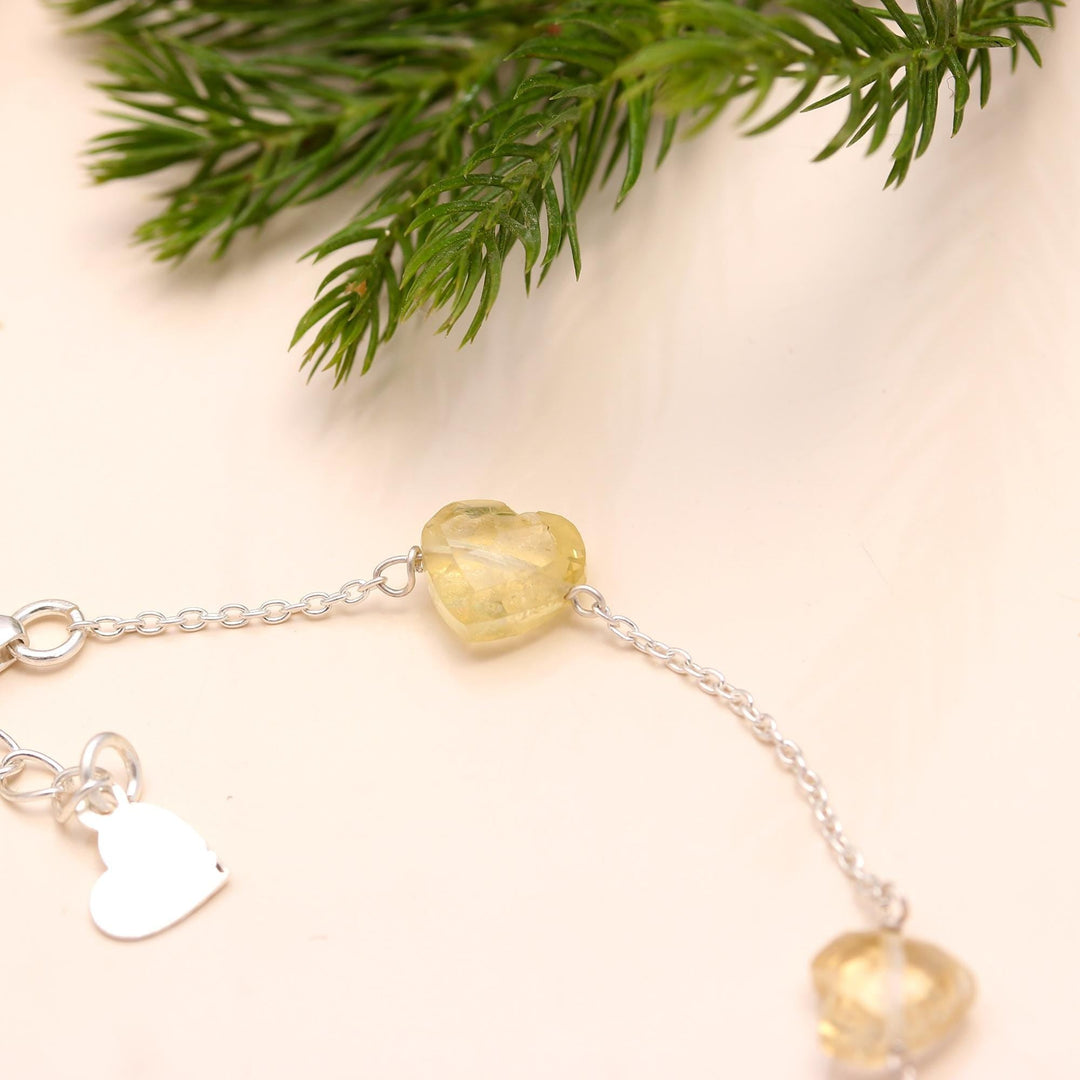 Natural Lemon Quartz Heart Shape Beads Bracelet, Lemon Quartz Heart Beads Bracelet, Girl's Gift Chain Bracelet, 925 Silver Gift for Her