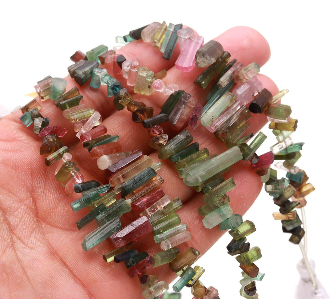 Natural Tourmaline Stick Shape Beads, Multi Tourmaline Rough Pencil Beads, Tourmaline Side Drill Jewelry Beads, 6-15 MM, 4" Strand