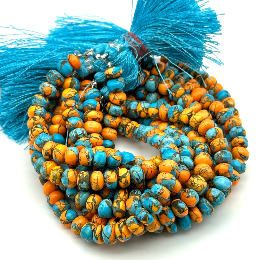 Excellent Quality Oyster Copper Turquoise Beads, Orange & Blue Copper Tuquoise Smooth Rondelle Beads, 8-10 mm, 4 Inch Line, Wholesale Beads