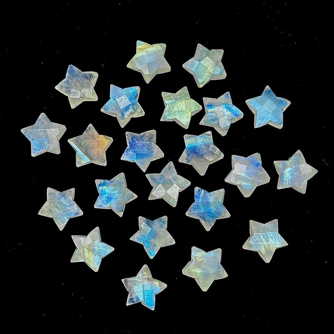 Natural Rainbow Moonstone Star Beads, Blue Flashy Carved Star Shape Briolette's, 10 MM Faceted Star Shape Charms, Loose Star Beads Crystal