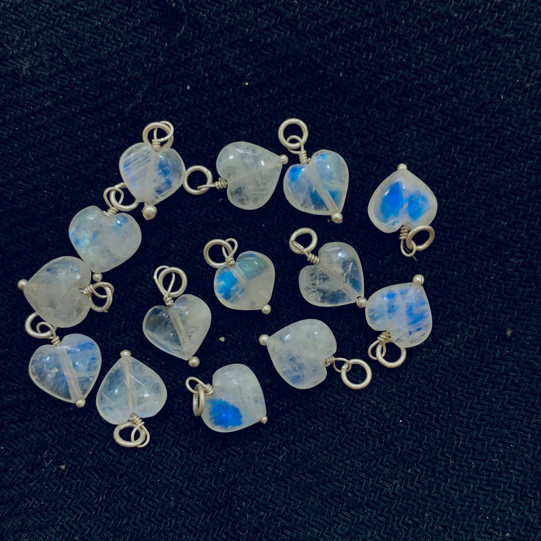 5 pcs Natural Rainbow Moonstone Heart Shape Carved Gemstone Jewellery Making Charm With 925 Silver, Necklace , Earrings Making Charms 10mm