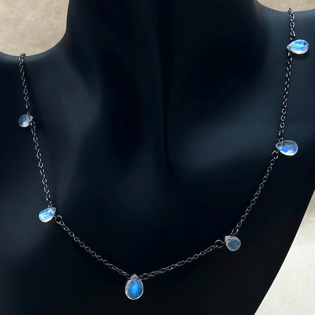 Pretty Rainbow Moonstone Pear Necklace, Blue Flashy Faceted Pear Chain Necklace, Black Rhodium Plating Necklace For Girls, Gift For Her