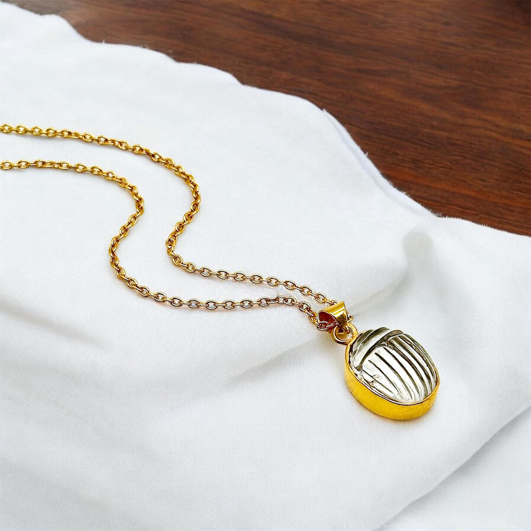 Dainty Crystal Quartz Carved Scarab Necklace, Natural Crystal Quartz Gemstone Necklace, Sterling Silver Necklace, 16 MM Scarab, Gift For Her