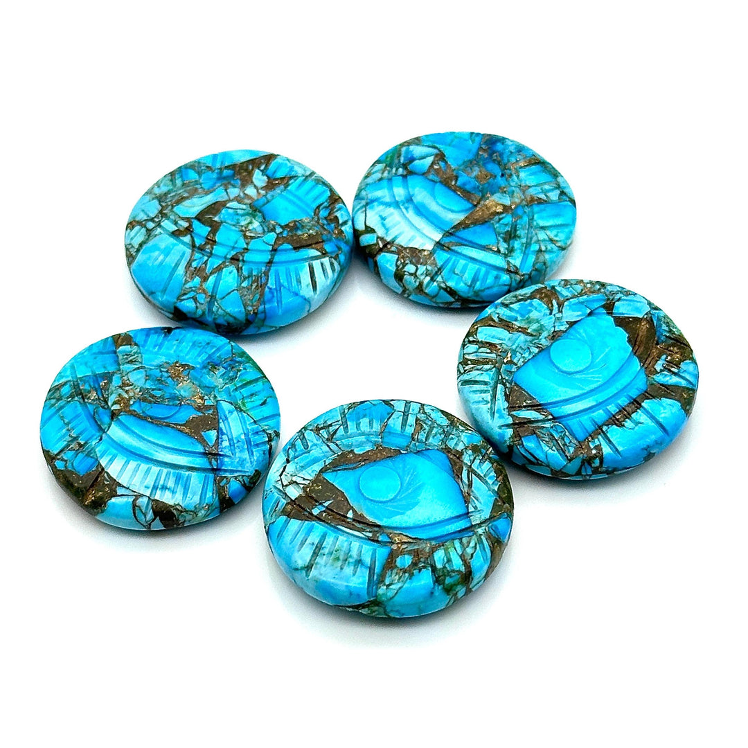 Copper Turquoise Evil Eye Shape Gemstone, AAA Copper Turquoise Hand Carved Stone Beads For Jewelry Making, 28 MM, Round Evil Eye Carving