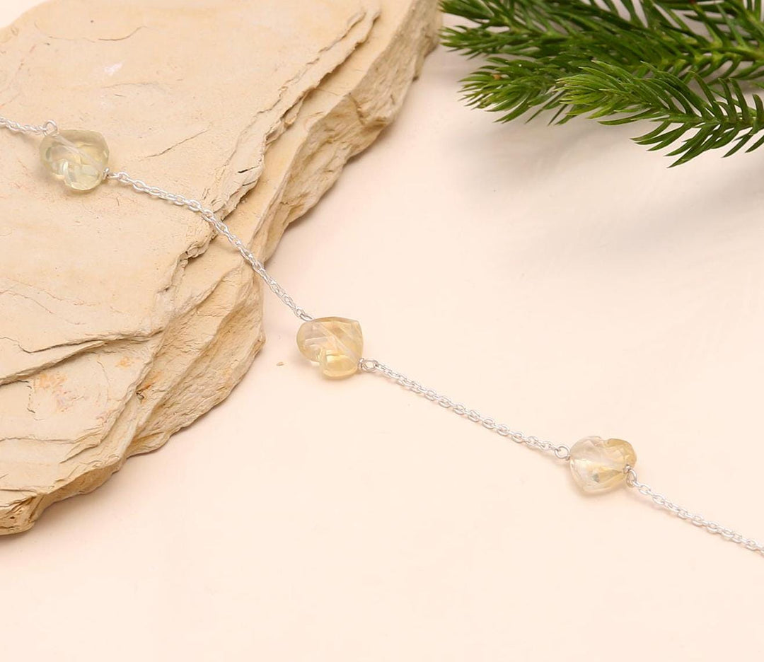 Natural Lemon Quartz Heart Shape Beads Bracelet, Lemon Quartz Heart Beads Bracelet, Girl's Gift Chain Bracelet, 925 Silver Gift for Her
