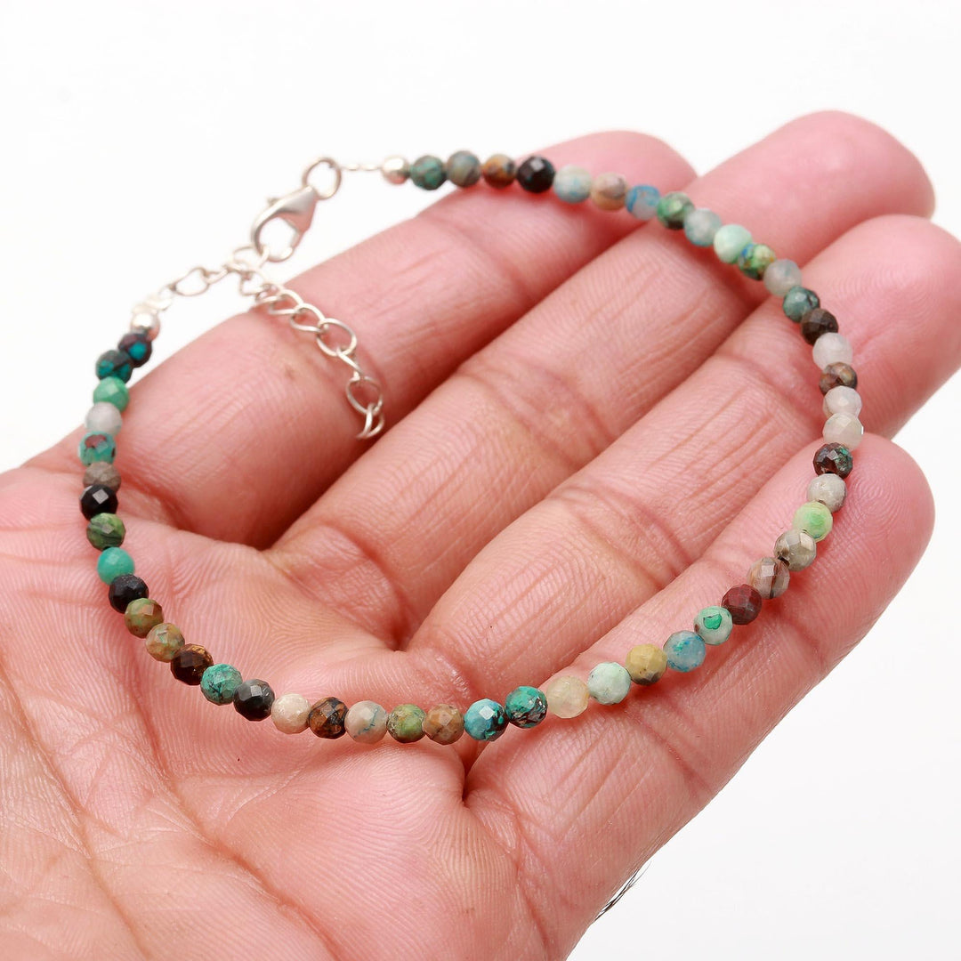 Dainty Chrysocolla Beaded Bracelet, Faceted Round Beads Bracelet, Gift for Her, 3 MM Beads Bracelet, 925 Silver Bracelet for Her