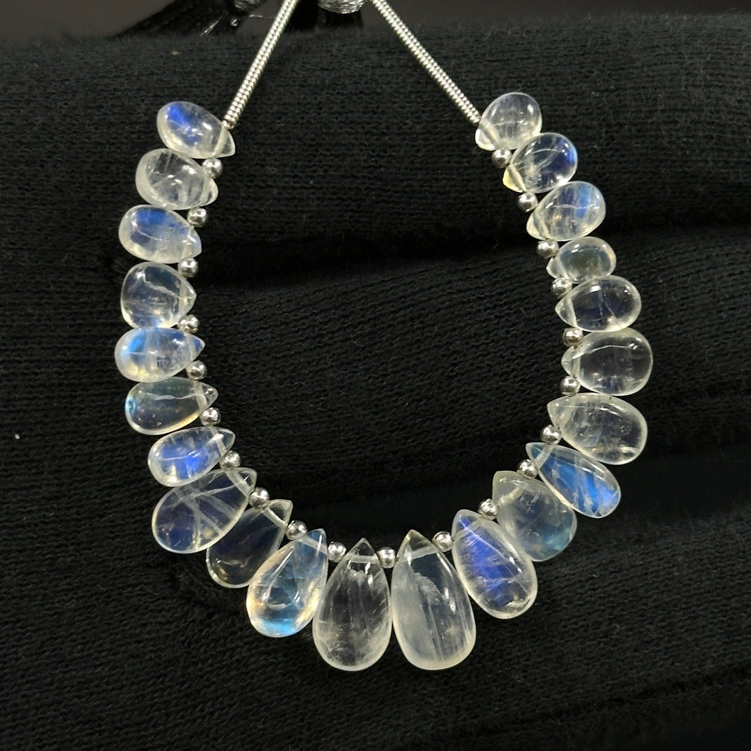 AAA Quality Flashy Rainbow Moonstone Smooth Pear Beads, 4 inch strand, Natural Blue Flash Rainbow Moonstone Pear Beads, 4X6 - 8X10 MM