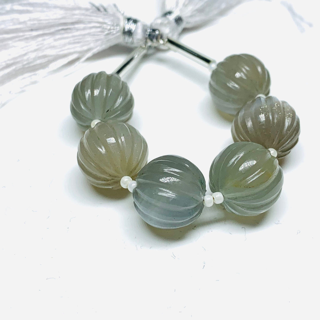 1,2,3,4,5 pcs 100% Natural Grey Moonstone Carved Melon Shape Beads Strand, Melon Shape Gemstone, Gemstone For Jewellery, 12 mm