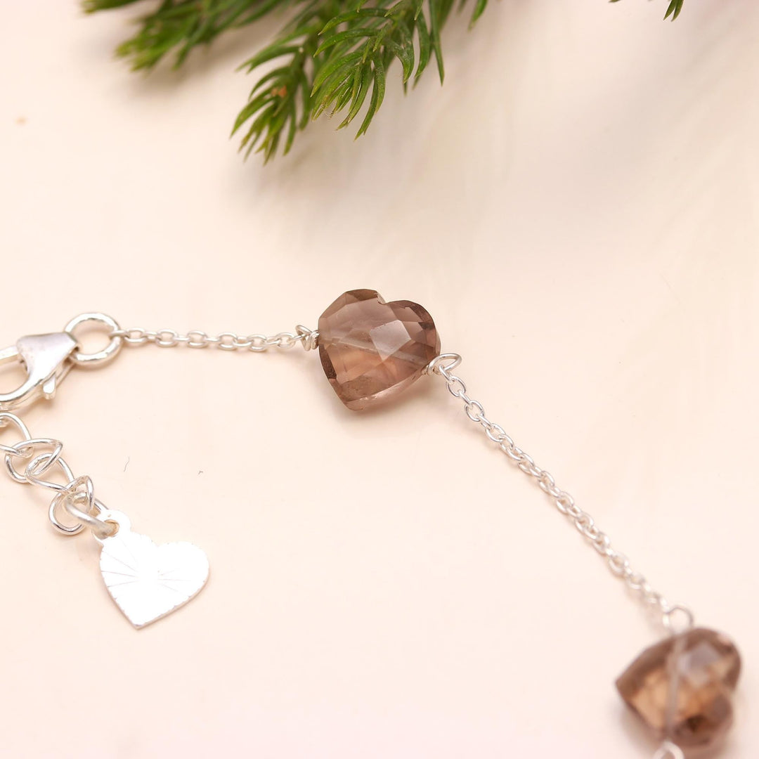 Natural Smokey Quartz Heart Shape Beads Bracelet, Brown Quartz Heart Beads Bracelet, Girl's Gift Chain Bracelet, 925 Silver Gift for Her