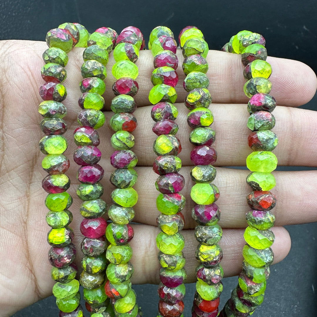 Faceted Neon Copper Turquoise Rondelle Beads: Green & Pink, 8-10mm, 4 Inch
