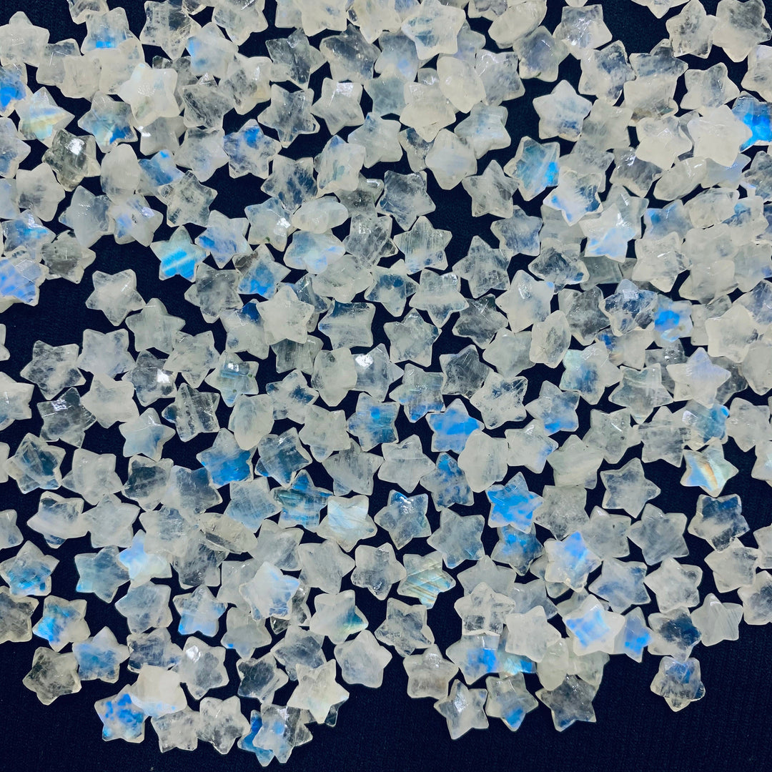 Natural Rainbow Moonstone Star Beads, Blue Flashy Carved Star Shape Briolette's, 10 MM Faceted Star Shape Charms, Loose Star Beads Crystal
