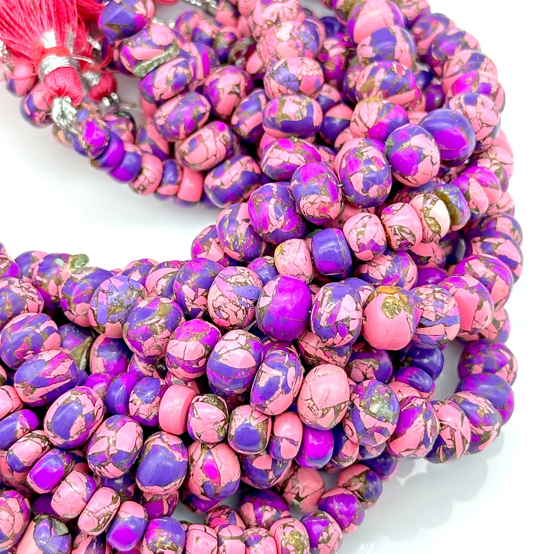 Purple Pink Copper Turquoise Beads, Copper Tuquoise Smooth Rondelle Beads, 8-10 mm, 4 Inch Line, Wholesale Beads, Jewelry Making Beads