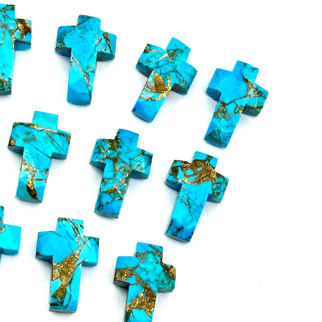 Faceted Copper Turquoise Cross Beads: Spiritual Gemstone Charms (15mm)