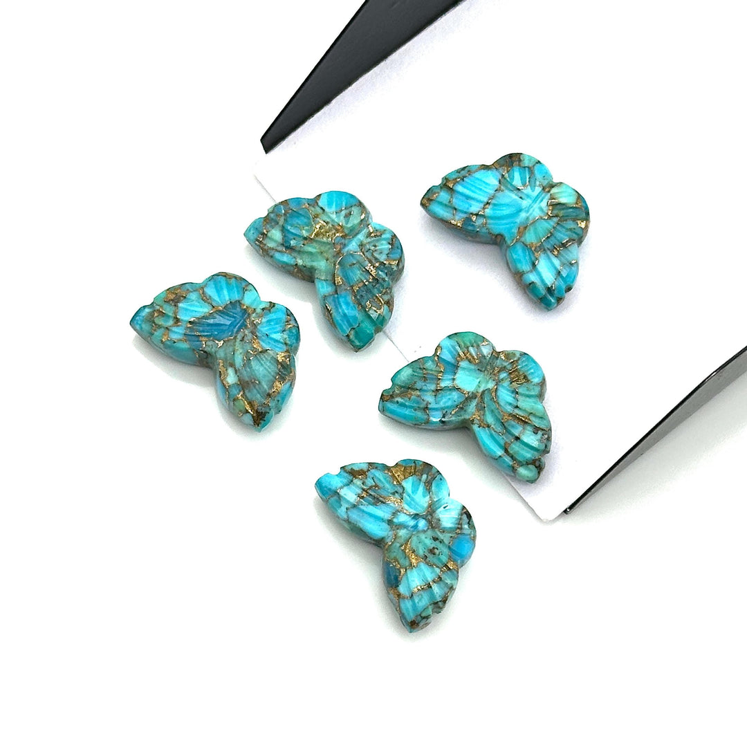 Carved Copper Turquoise Butterfly Charms: Handmade Gemstone Briolettes, 18mm