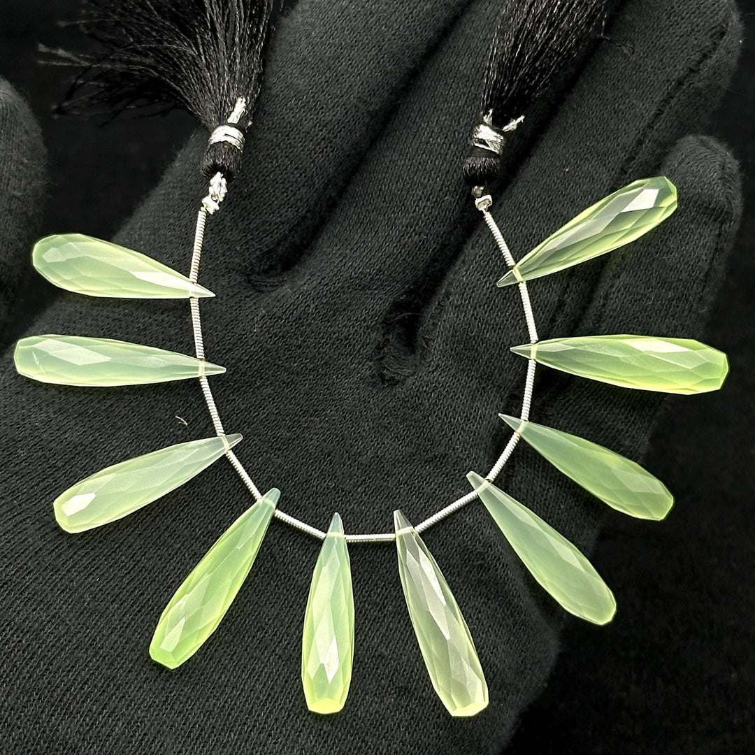 Green Chalcedony Long Drop Shape Briolette's, Faceted Teardrop Beads, 7X30 mm Green Color Drops For Earring Making, Matched Pairs
