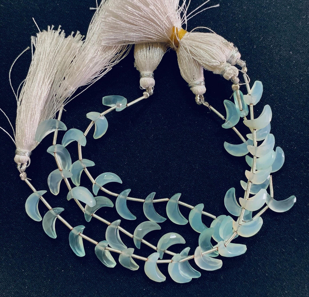 AAA Aqua Chalcedony Moon Shape Briolettes, Faceted Aqua Chalcedony Carved Moon Gemstones Beads, 12 MM Cresent Moon Beads, Blue Moon Charm