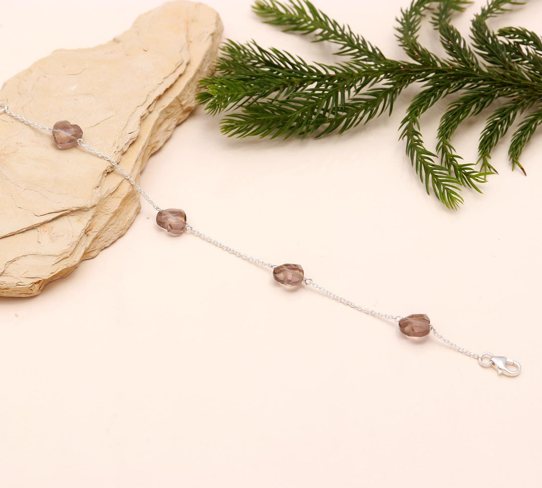 Natural Smokey Quartz Heart Shape Beads Bracelet, Brown Quartz Heart Beads Bracelet, Girl's Gift Chain Bracelet, 925 Silver Gift for Her