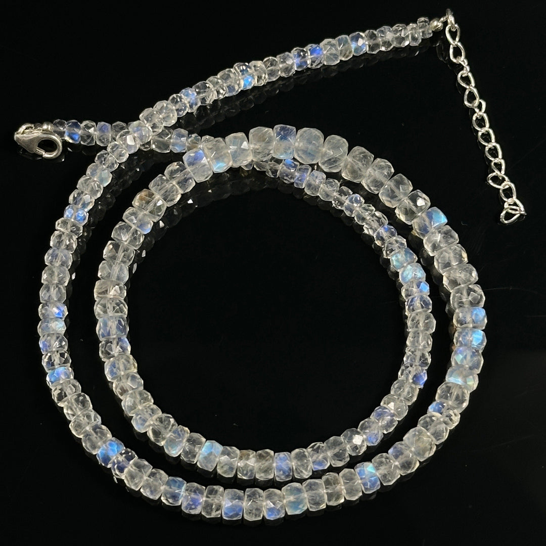 High Quality Rainbow Moonstone Beaded Necklace, Flashy Faceted Rondelle Beads Necklace, 4-6 MM Blue Fire Rainbow Gemstone Silver Necklace