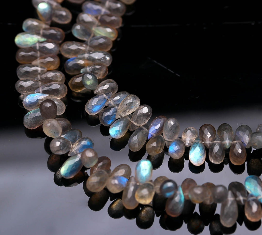 Faceted Labradorite Teardrop Beads: Natural Gemstone Strand, 4X7-5X9mm