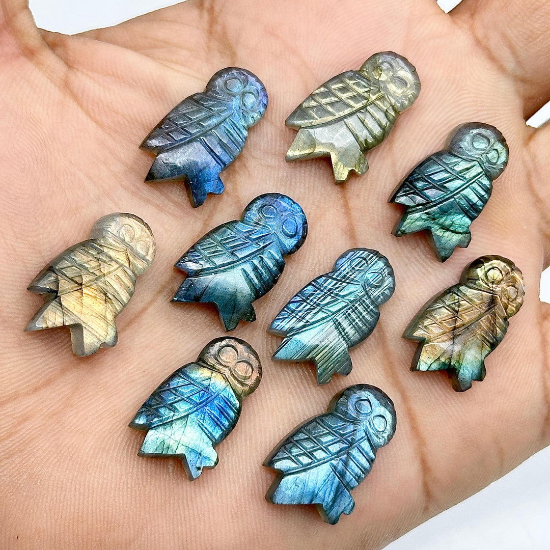 Natural Labradorite Owl Shape Gemstones, Hand Carved Owl Shape Stone, Flashy Labradorite Owl Shape Charms, 20 MM Bird Carvings
