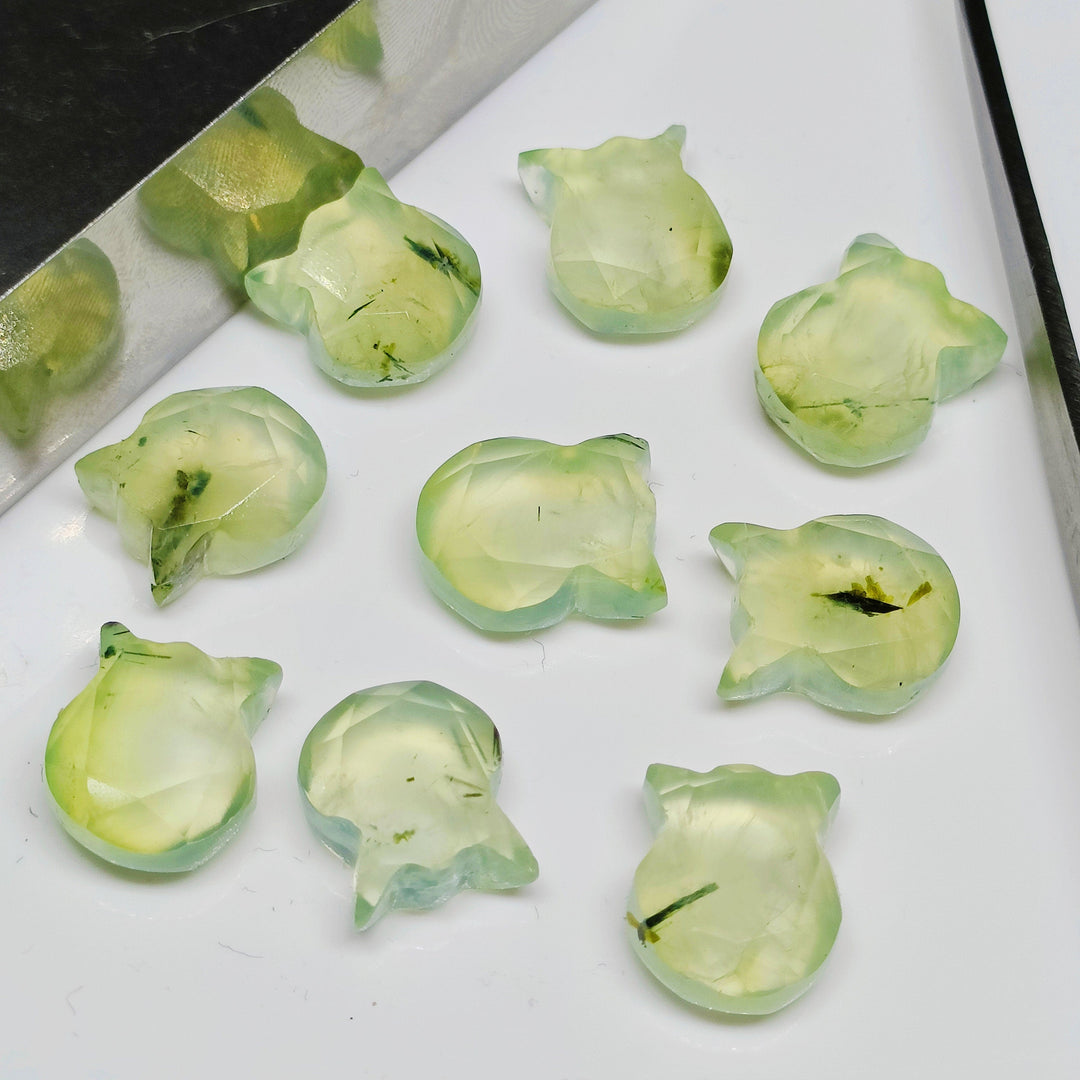 Natural Prehnite Cat Face Carving, Hand Carved Kitty Shape Charms Beads, Faceted Prehnite Handmade Carved Stone, Jewelry Making Beads 12x10