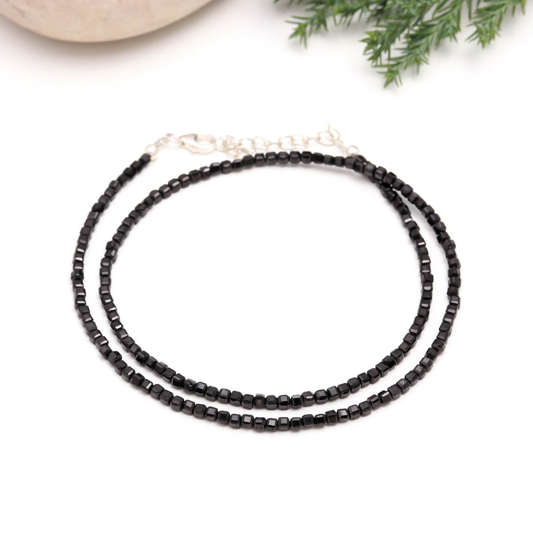 Black Spinel Beaded Necklace, Natural Spinel Faceted Box Beads Necklace, Evil Eye Protection Beads Jewelry, Gift For Her 3 MM