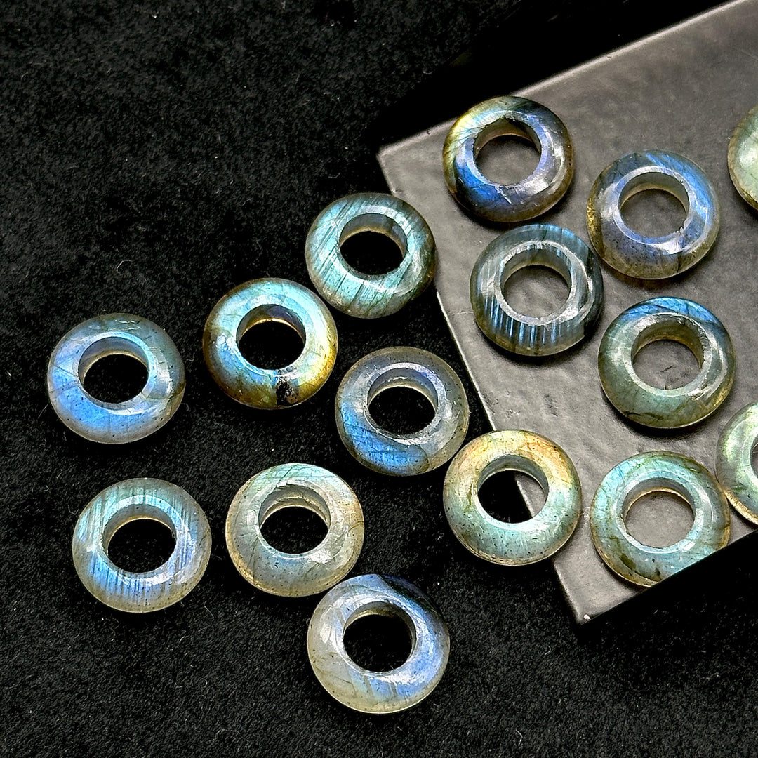 Labradorite Donut Gemstone Beads: 12mm Blue Fire Carved Jewelry