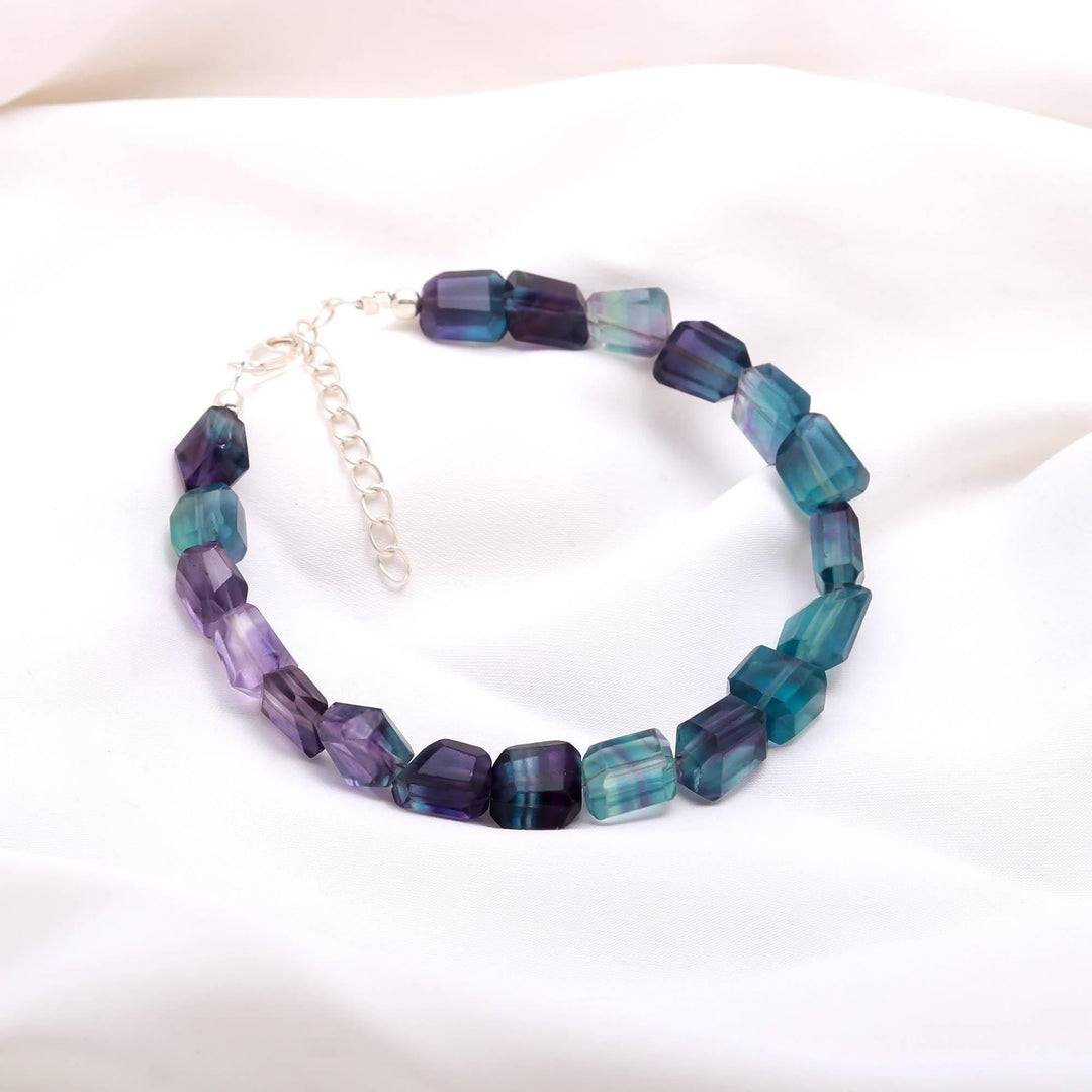 Purple Fluorite Tumble Beads Bracelet, Multi Fluorite Faceted Nuggets Shape Beads Bracelet, Fluorite Gemstone Jewelry, Gift for Girls, 8 MM
