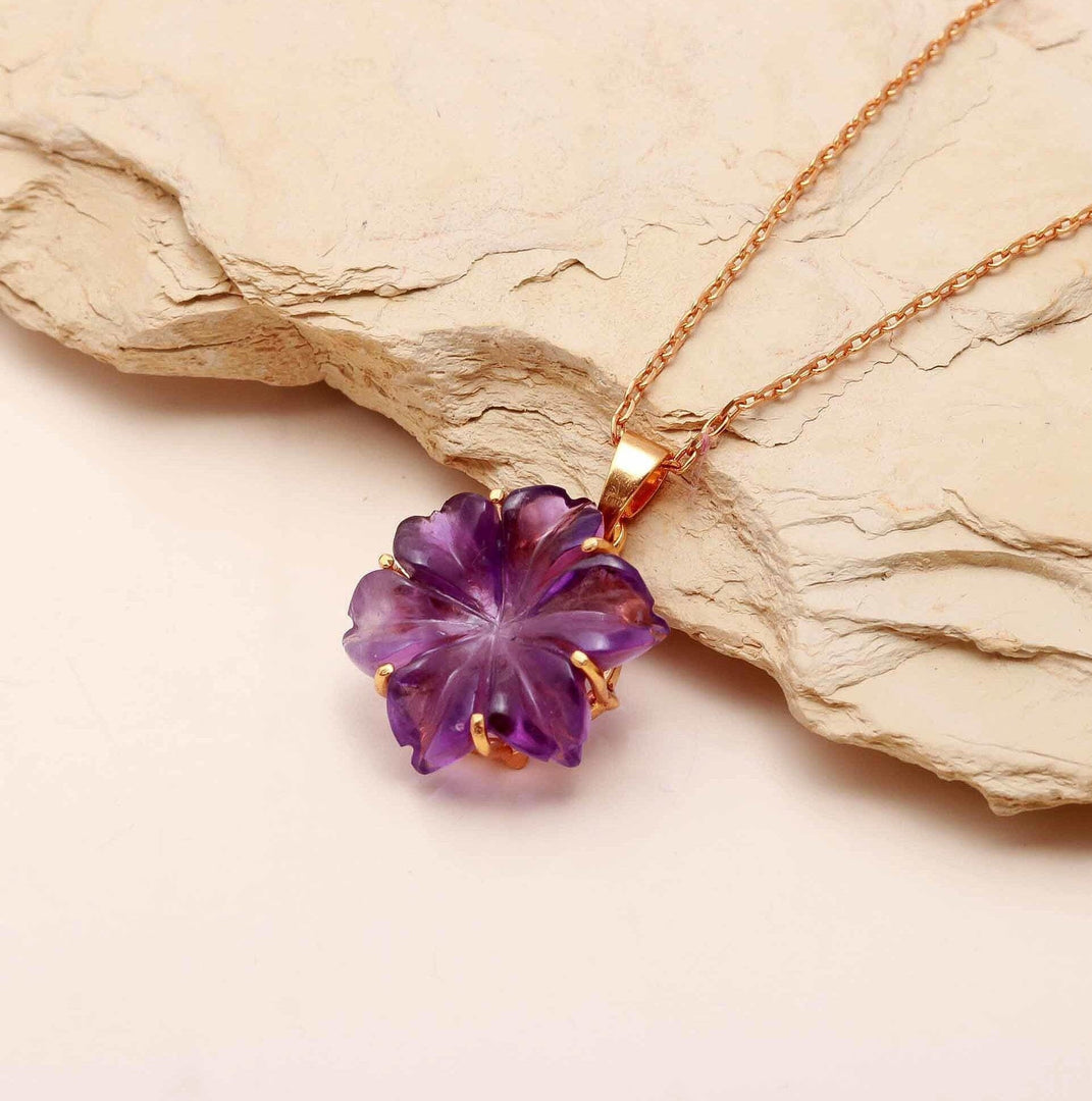 Carved Amethyst Flower Pendant: Sterling Silver Boho Necklace, February Birthstone