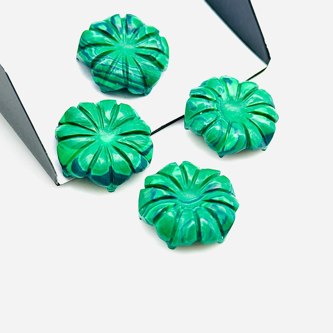 Natural Malachite Flower Shape Carved Gemstone, Green Flower Shape Carving, Carved Gemstone For Jewlery 17 mm, Craft Making Flower Charm