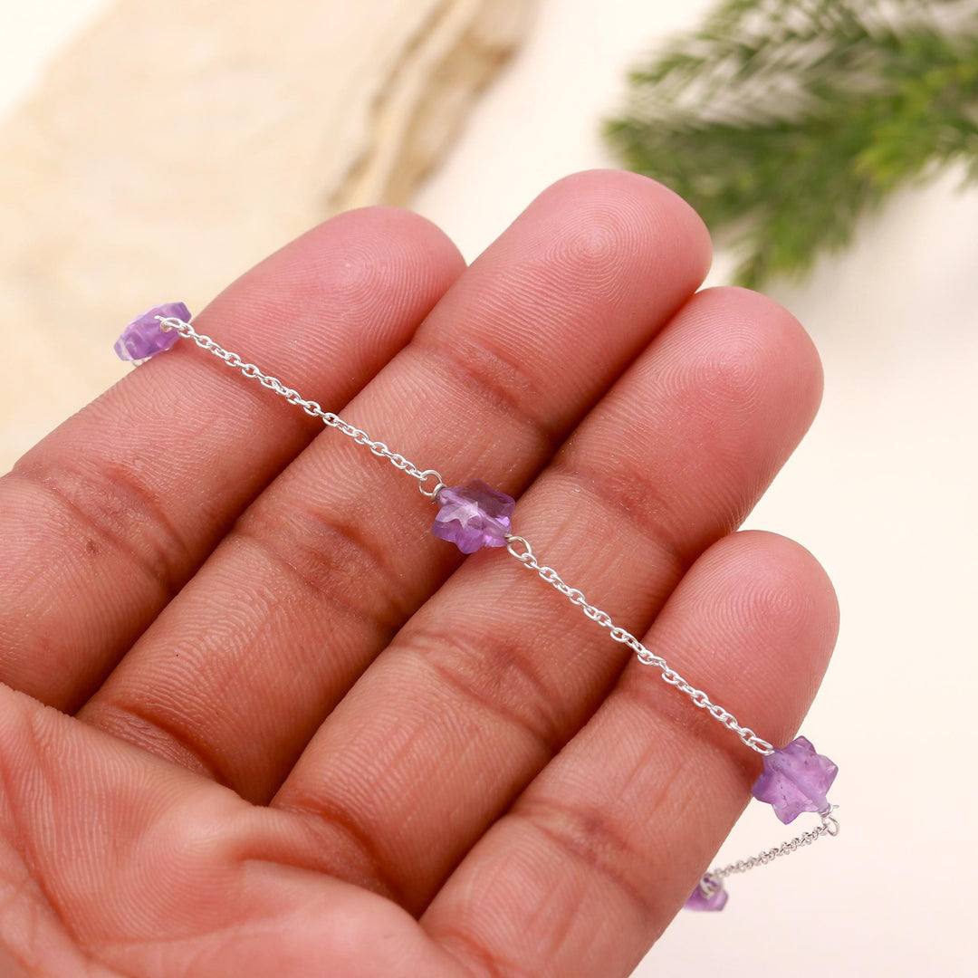 Natural Amethyst Star Beads Bracelet, February Birthstone, Amethyst Healing Star Beads Jewelry, 925 Silver Bracelet Fancy Bracelet for Girls