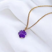 Cute Carved Amethyst Flower Pendant, Healing Energy Gemstone Necklace For Her, 12 mm Flower, Birthday Gift For Women, February Birthstone