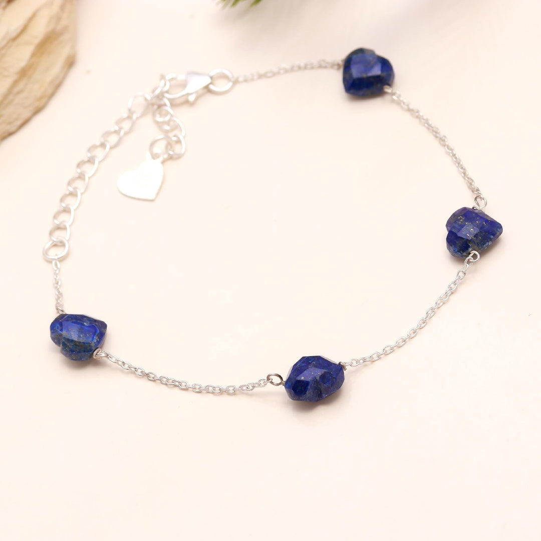 Natural Lapis Lazuli Heart Beads Bracelet, Blue Lapis Lazuli Beads Bracelet, Women's Gift Chain Bracelet, 925 Silver Bracelet, Girls Anklets