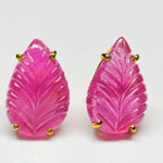 Load image into Gallery viewer, Ruby glass field leaf Shape Carved Gemstone 18 ct gold earrings With Gemstone, Gold Earrings 16 mm