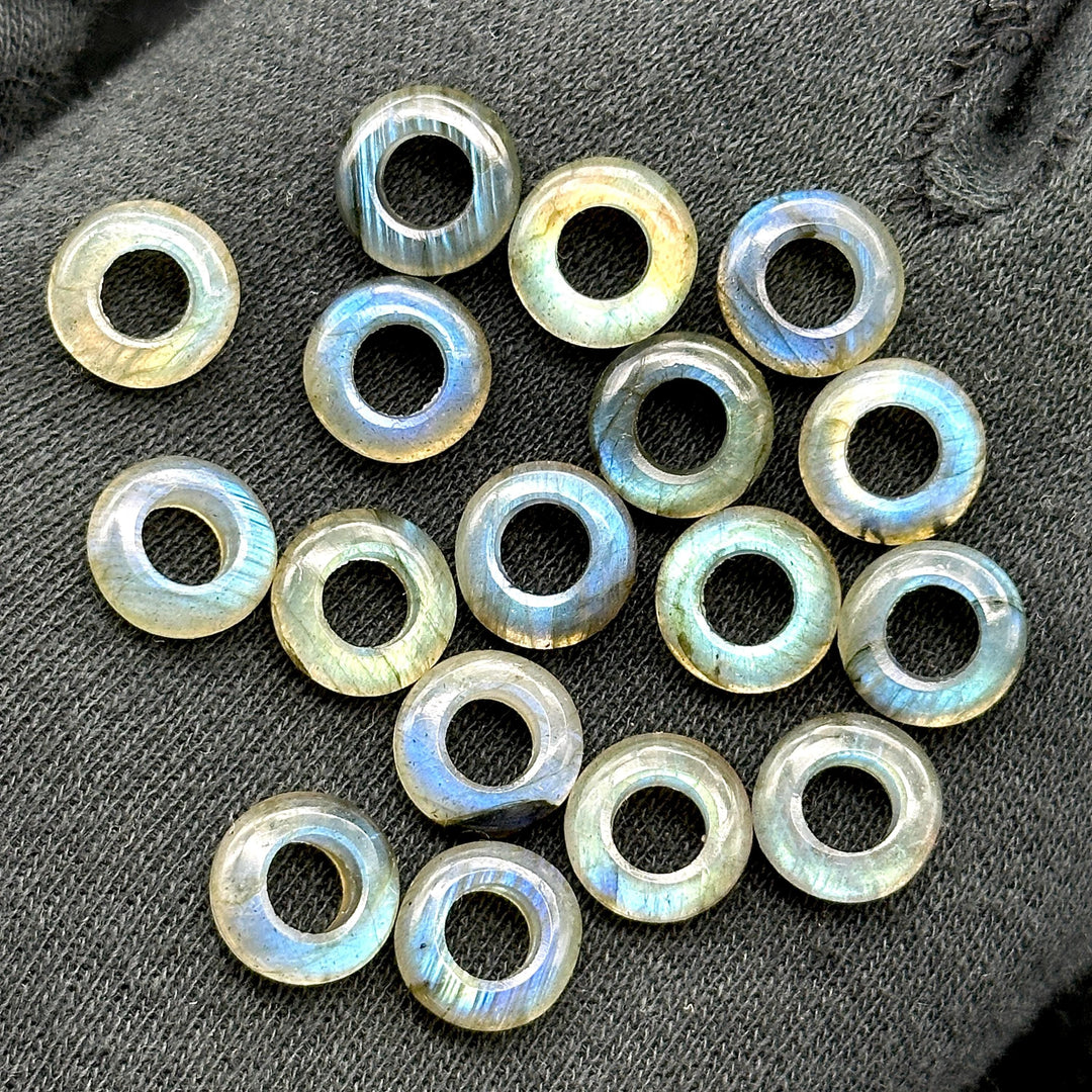 Labradorite Donut Gemstone Beads: 12mm Blue Fire Carved Jewelry