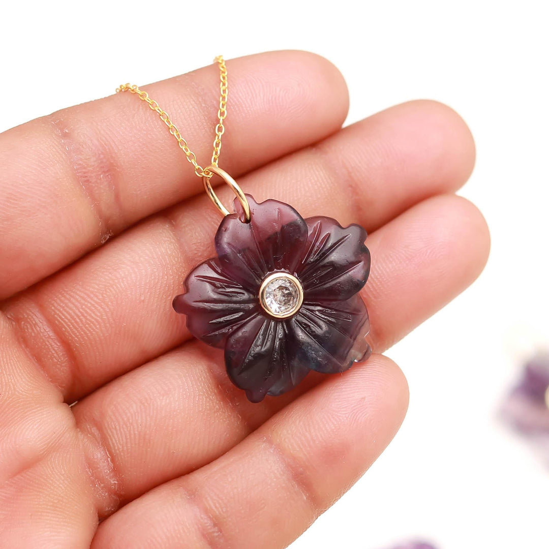 Natural Fluorite Flower Gemstone Pendant, Fancy Floral Design Necklace for Women's, Birthday Gift for Her, Crystal Necklace