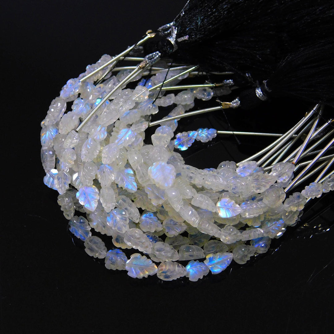 Carved Rainbow Moonstone Leaf Shape Beads, Natural Rainbow Gemstone Flat Back Leaf Beads, Leaf Carving for Jewelry, 6-8 MM, 4-inch Strand
