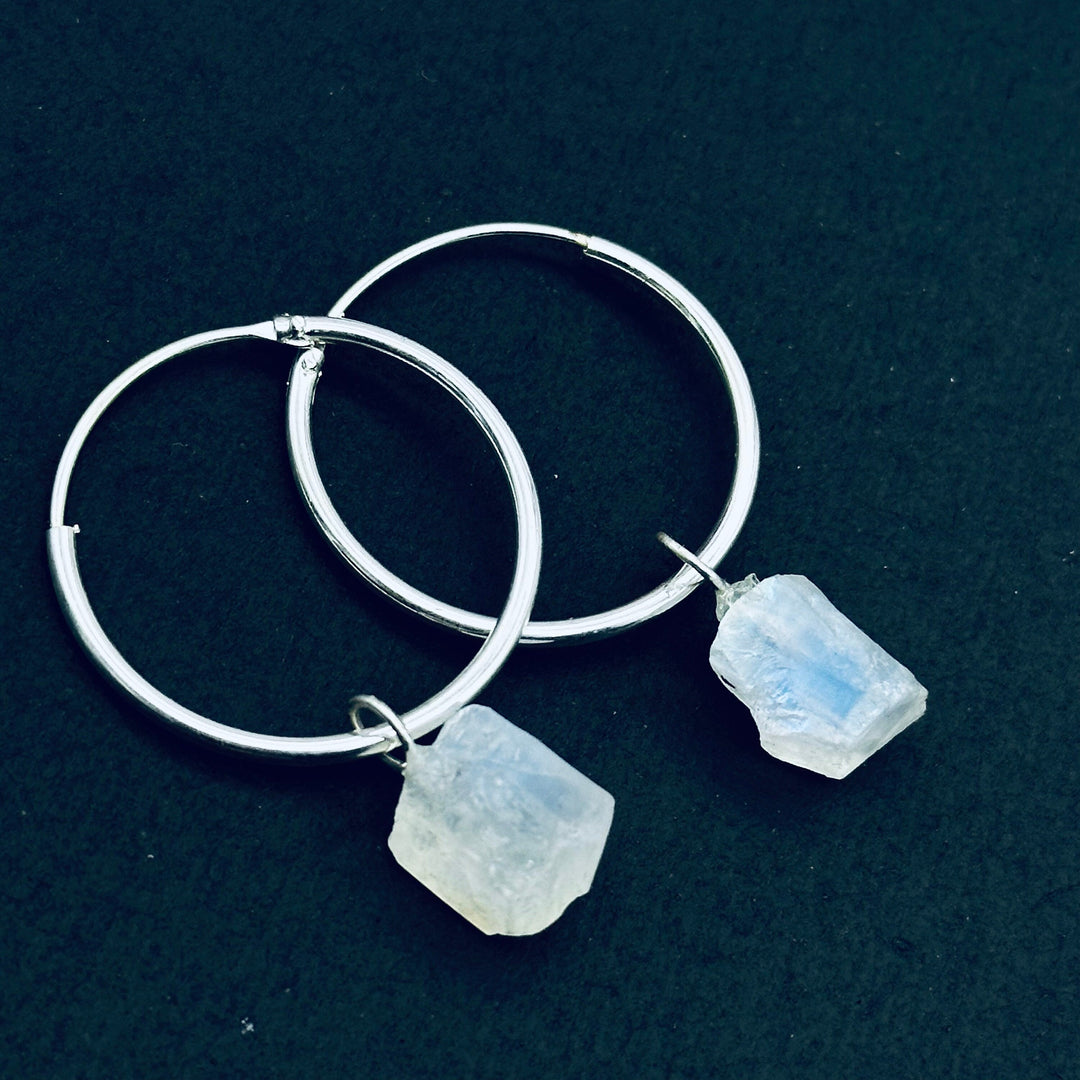 Flashy Rainbow Moonstone Hoop Earings, Natural Rough Rainbow Moonstone Earrings, Raw Gemstone Earrings, Large Hoop Earrings For Gift