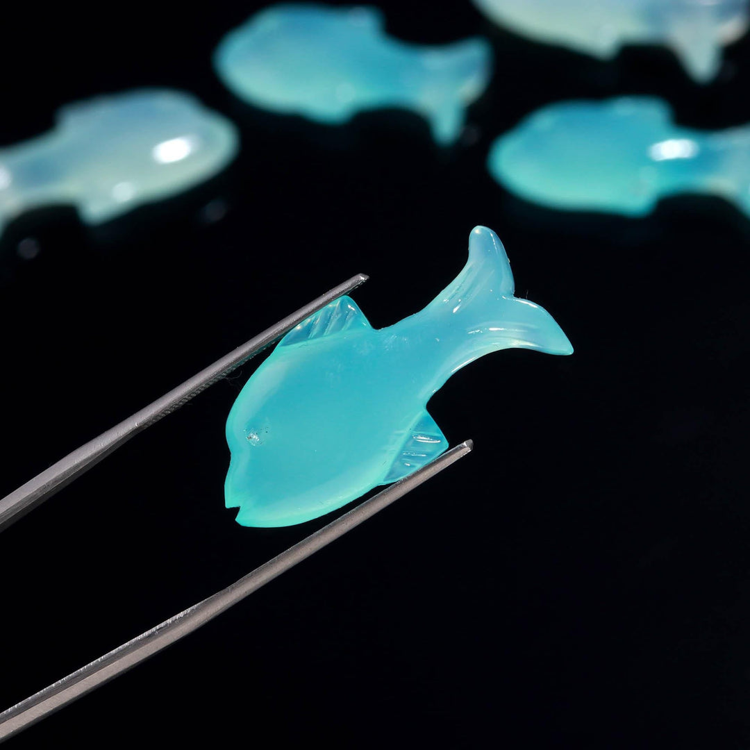 Blue Chalcedony Hand Carved Dolphin Shape Stone, Chaldedony Fish Shape Beads, Jewelry Making Fish Charms, 28 MM