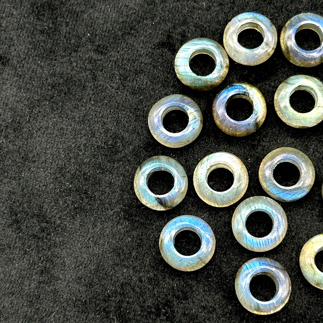 Labradorite Donut Gemstone Beads: 12mm Blue Fire Carved Jewelry