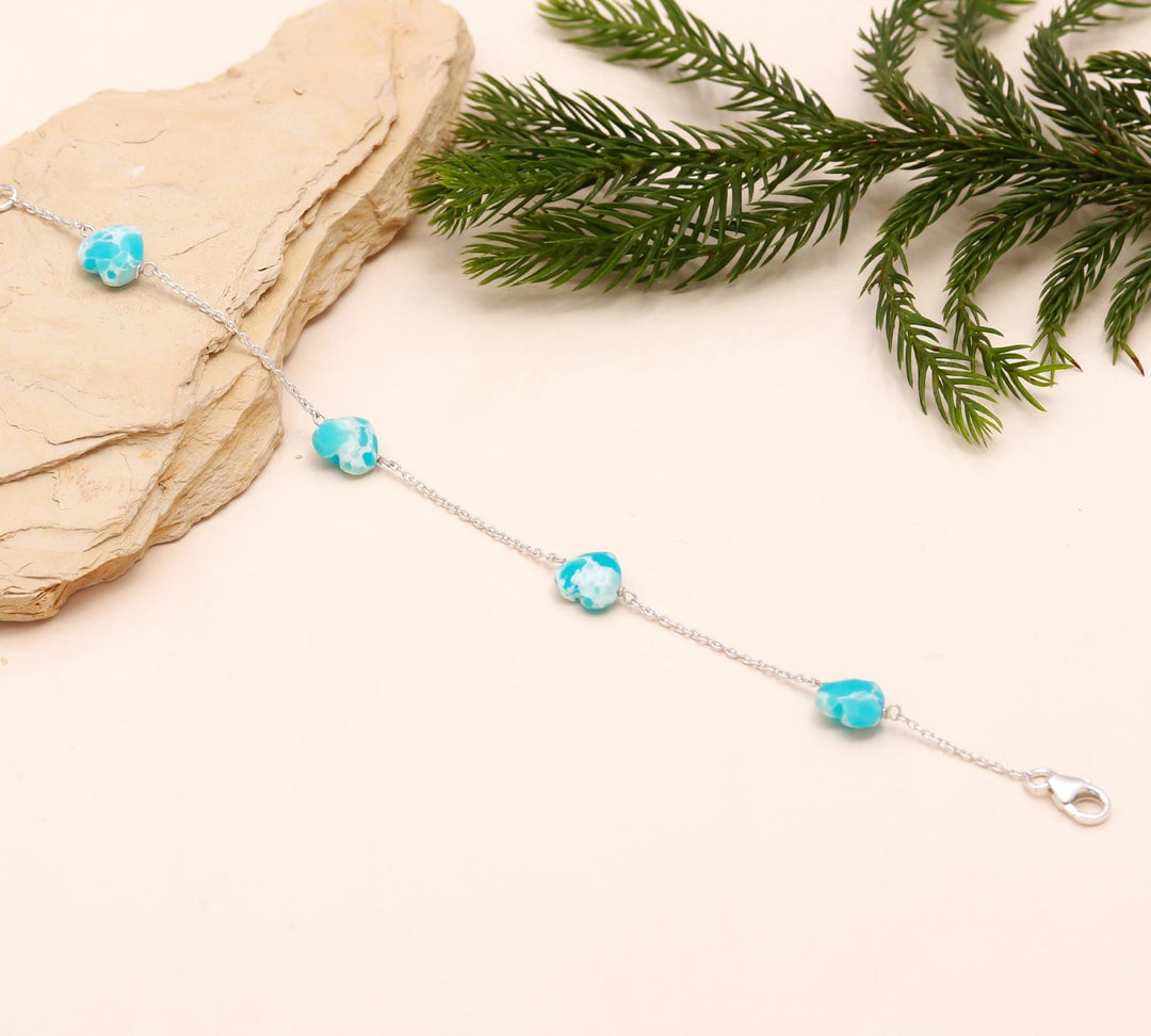 AAA Mohave Turquoise Heart Beads Bracelet, Blue Turquoise Heart Beads Bracelet, Gift For Her, 925 Silver Bracelet/Anklets, Fancy Jewelry