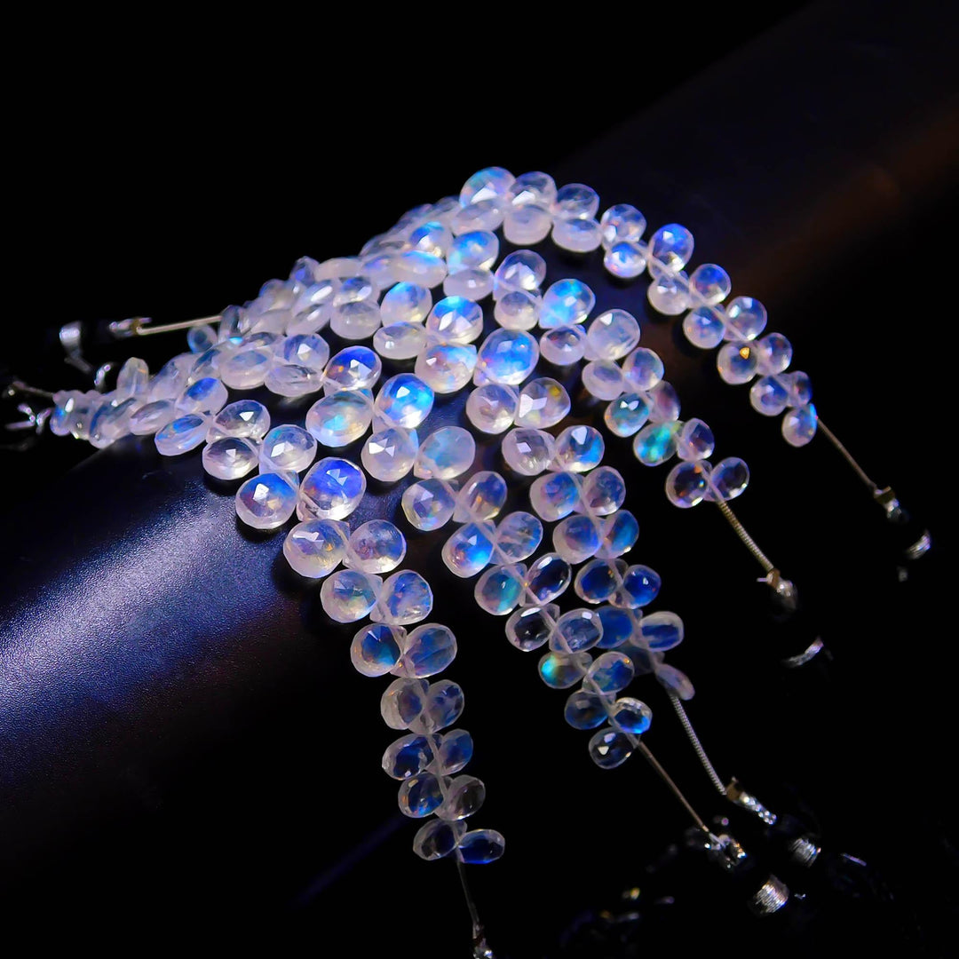 Faceted Rainbow Moonstone Pear Beads: AAA Briolettes, 4 Inch Strand
