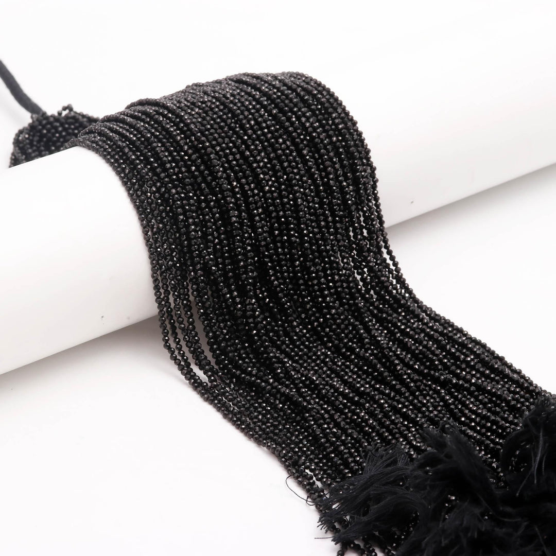 Black Tourmaline Faceted Round Beads, Natural Black Tourmaline Micro Beads, 2 MM Beads for Jewelry Making, 13 Inches, Wholesale Beads