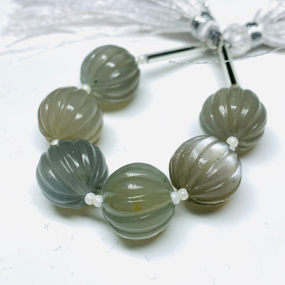 1,2,3,4,5 pcs 100% Natural Grey Moonstone Carved Melon Shape Beads Strand, Melon Shape Gemstone, Gemstone For Jewellery, 12 mm