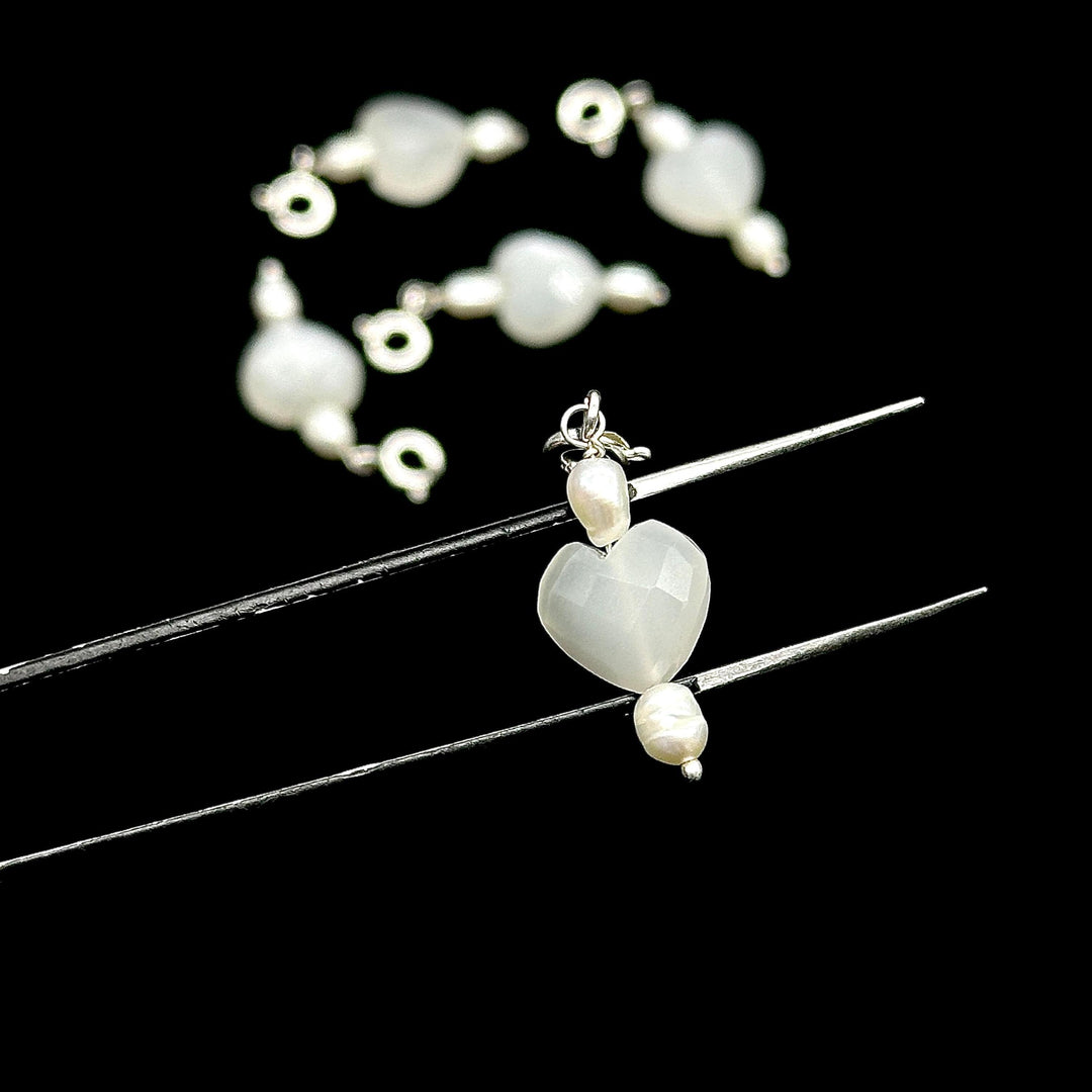 Natural White Moonstone and Pearl Charms, White Moonstone Heart Silver Charms, Gemstone Beads, Craft Making, 925 Silver Charms Wholesale