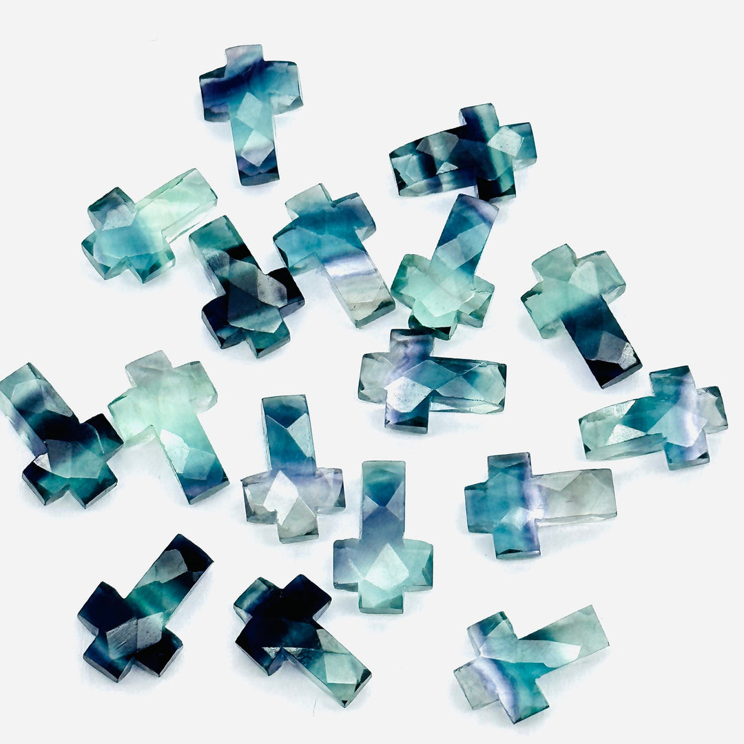 Multi Fluorite Cross Shape Beads ~ Healing & Protection Gemstone Beads ~ Faceted Multi Fluorite Beads ~ 15 MM Fluorite Cross Charm Beads