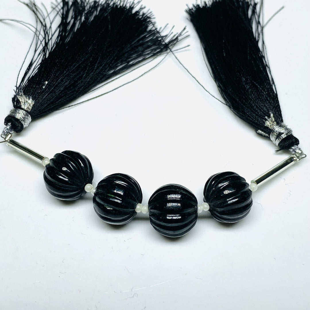 1,2,3,4,5 pcs 100% Natural Black Spinel Carved Melon Shape Beads Strand, Melon Shape Gemstone, Gemstone For Jewellery, 12 mm