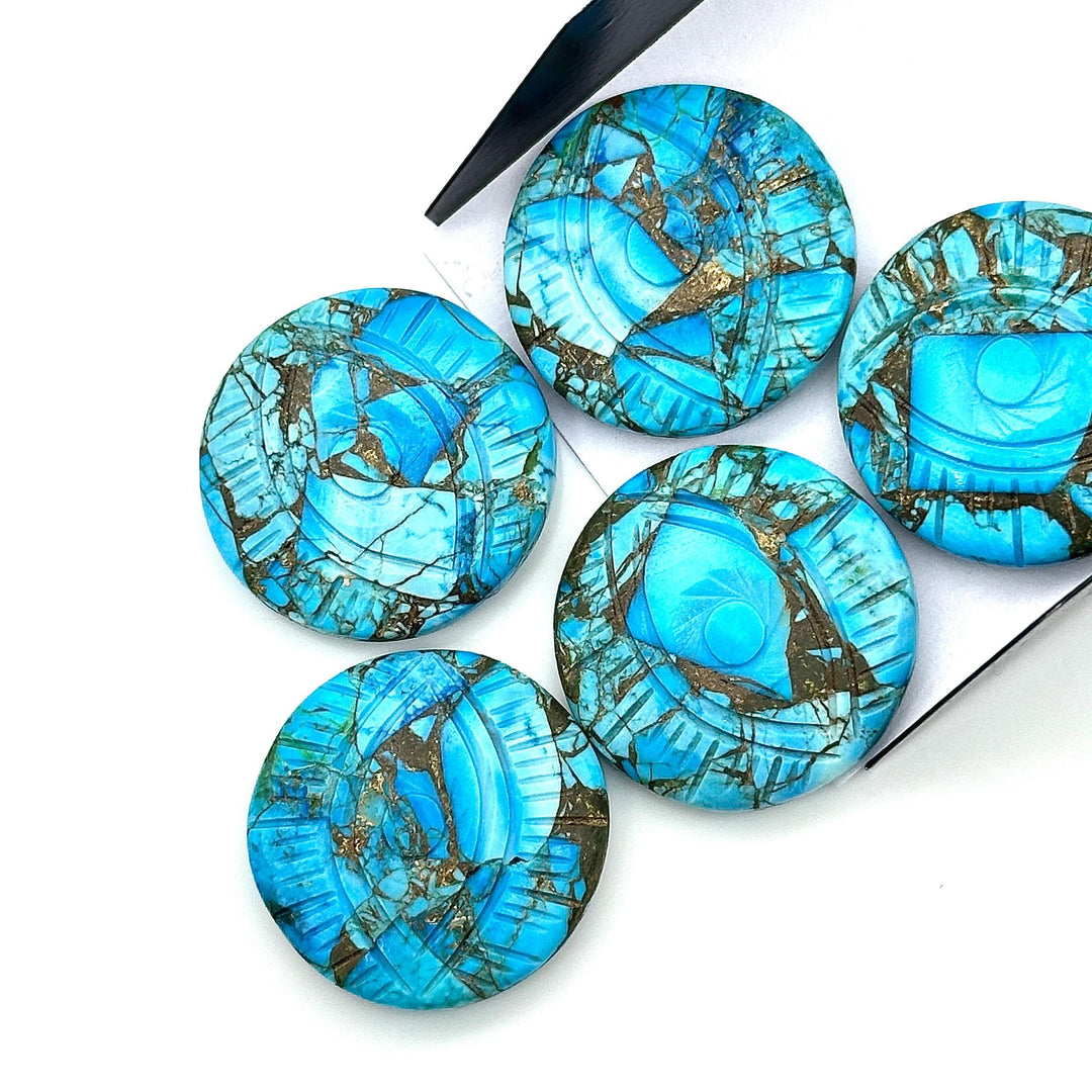 Copper Turquoise Evil Eye Shape Gemstone, AAA Copper Turquoise Hand Carved Stone Beads For Jewelry Making, 28 MM, Round Evil Eye Carving